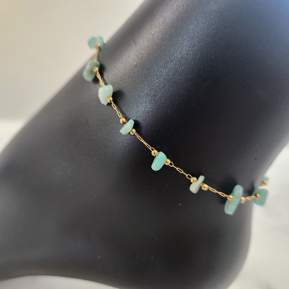 Minimalist Dainty Green Stone Stainless Steel Gold Plated Anklet - Picture 8 of 15